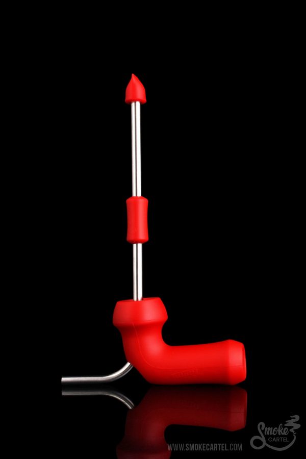 Red glass pipe with a long, slender mouthpiece and reflective surface.