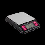 Digital scale with stainless steel platform, used for measuring cannabis.