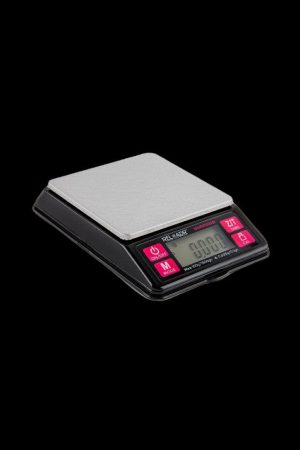 Digital scale with stainless steel platform, used for measuring cannabis.