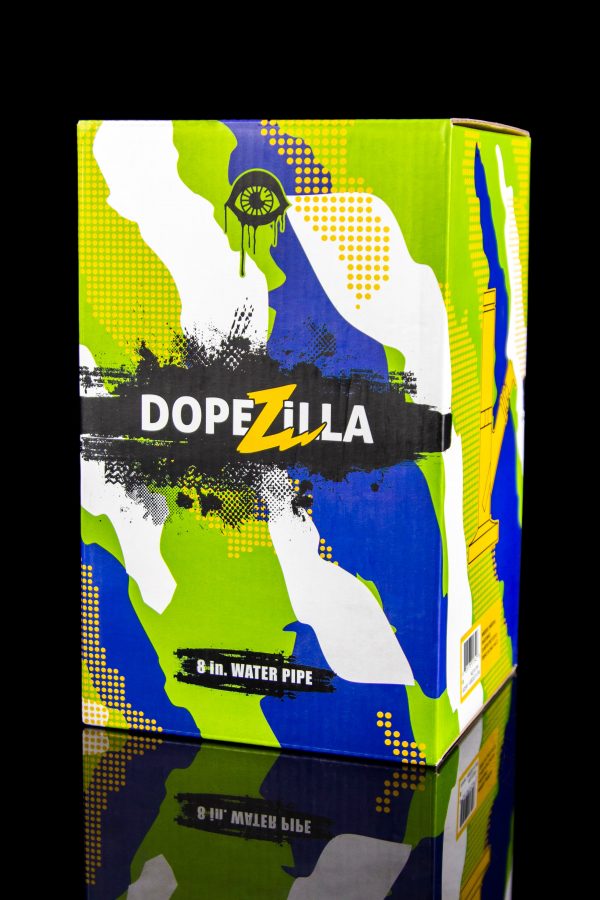 Colorful packaging for a “Dopezilla” 8-inch water pipe, featuring a stylized eye design and camouflage pattern.