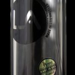 Close-up of a metallic cannabis pipe with a circular "LA PIPES - MADE IN USA - LOS ANGELES" label.