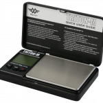 Close-up shot of the open Triton M 400g x 0.01g Scale By My Weigh, displaying instructions on its stainless steel weighing platform.