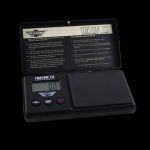 Front view of the MyWeigh Triton T2 120g scale, featuring a digital display and sleek black finish.