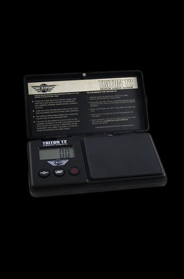 Front view of the MyWeigh Triton T2 120g scale, featuring a digital display and sleek black finish.