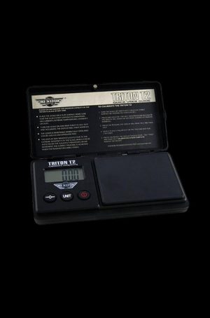 A top-down view of the MyWeigh Triton T2 200g x 0.01g Scale with a black surface and digital display, showing its compact design.