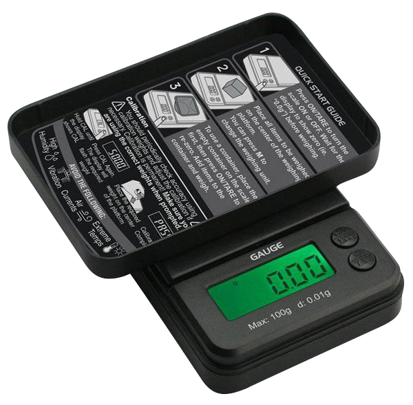 A close-up, angled view of the Truweigh Gauge Digital Mini Scale, displaying a reading on its digital screen.