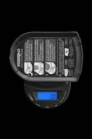 Close-up of the Truweigh Lynx Digital Mini Scale, displaying a digital readout with buttons and a black platform.