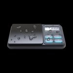 A close-up of the Truweigh Marine Washdown Mini Scale, displaying a digital readout on its sleek, dark surface.