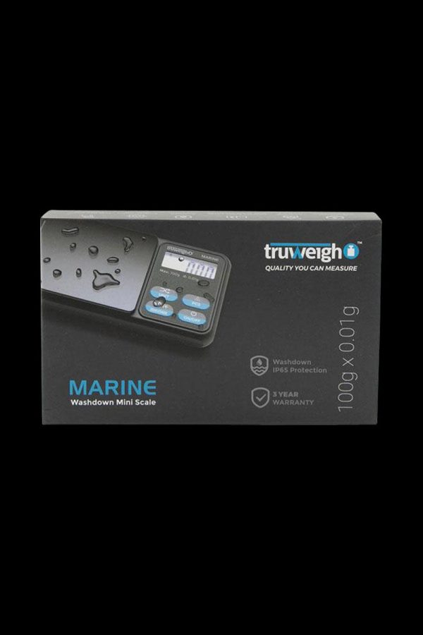 Front view of the Truweigh Marine Washdown Mini Scale, a compact digital scale with a black casing and a clear display.