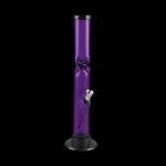 Purple glass water pipe against a black background.