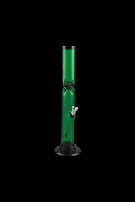 Green glass bong with a flared base and silver downstem, isolated on a black background.