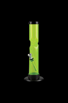 Green acrylic water pipe with a removable glass downstem, isolated on a black background.