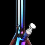 Iridescent glass water pipe with a clear mouthpiece.