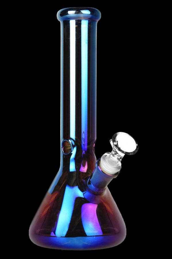 Iridescent glass water pipe with a clear mouthpiece.