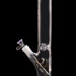 Clear glass water pipe (bong) with purple accents, studio shot on a black background.