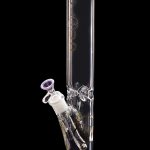 A clear glass bong with purple accents and intricate percolator details, isolated on a black background.