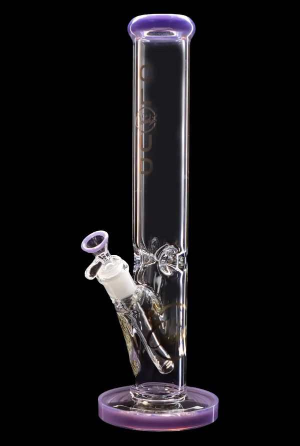 A clear glass bong with purple accents and intricate percolator details, isolated on a black background.