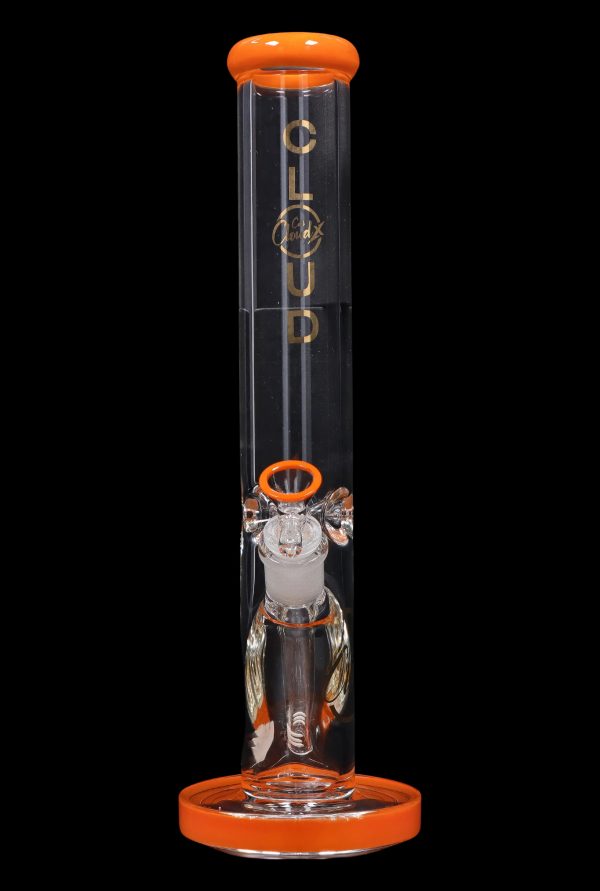 Orange glass bong with intricate internal percolator.