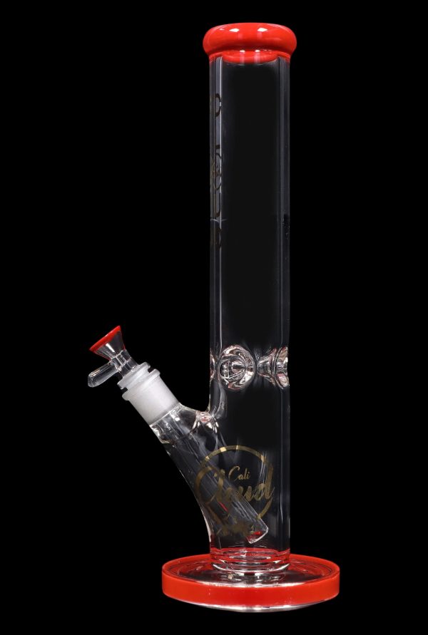 Red glass water pipe (bong) with ice pinches and a removable downstem.