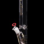 Red and clear glass water pipe (bong) with intricate glasswork and a visible liquid chamber.