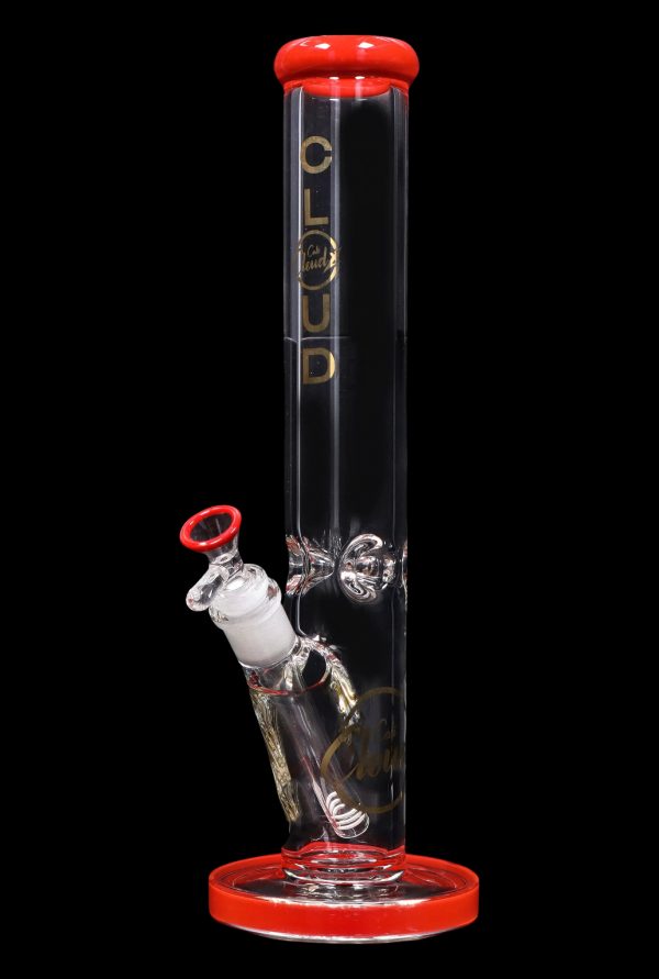 Red and clear glass water pipe (bong) with intricate glasswork and a visible liquid chamber.