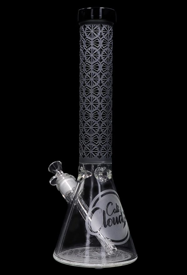 Black and clear glass bong with intricate geometric patterns and "Cali Cloud" logo.