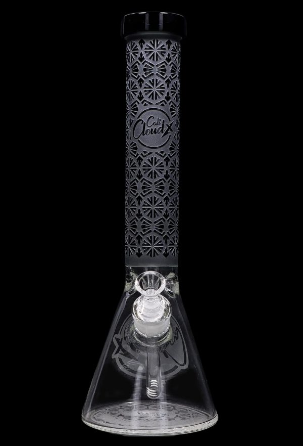Front view of the Cloud Cali X 15-inch Engraved Thick Base Beaker Water Pipe, showcasing its detailed engraving and clear glass construction.