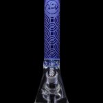 A front view of the Cloud Cali X 15-inch Engraved Thick Base Beaker Water Pipe, featuring detailed engravings on its clear glass base.