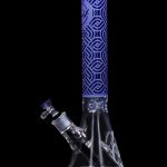 A front view of the Cloud Cali X 15-inch Engraved Thick Base Beaker Water Pipe, showcasing its intricate blue engravings on clear glass.
