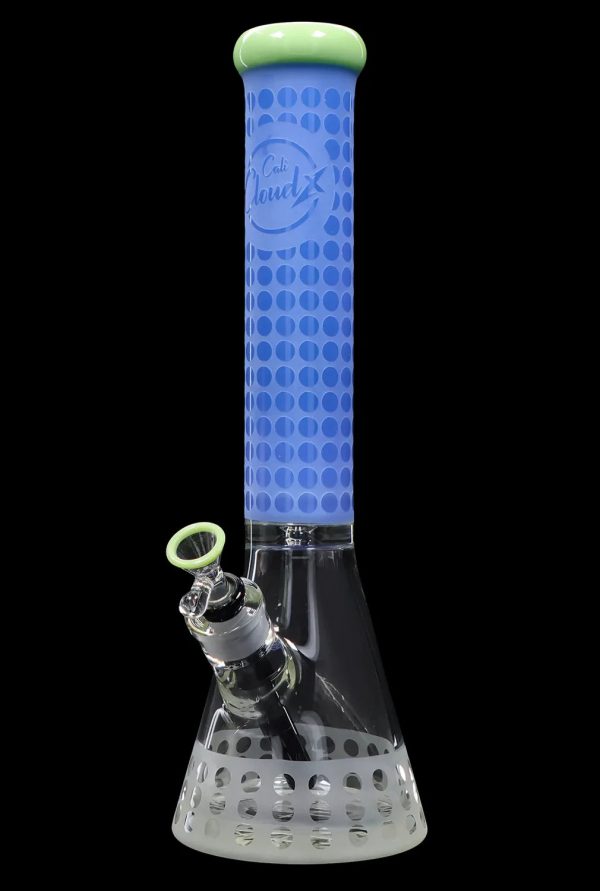 Blue glass bong with honeycomb filtration and a green accent.