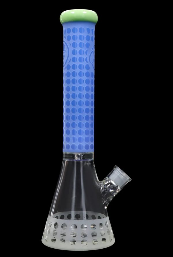 Blue glass bong with patterned neck and perforated base.