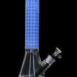Blue and clear glass bong with a protective silicone base.