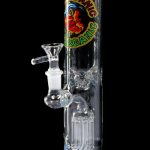 Blue glass water pipe (bong) with percolators and a removable bowl.