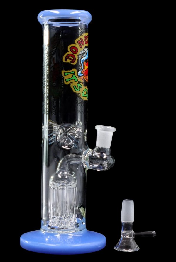 Blue glass water pipe (bong) with intricate percolators and a graphic reading "Do It." with accompanying glass bowl.