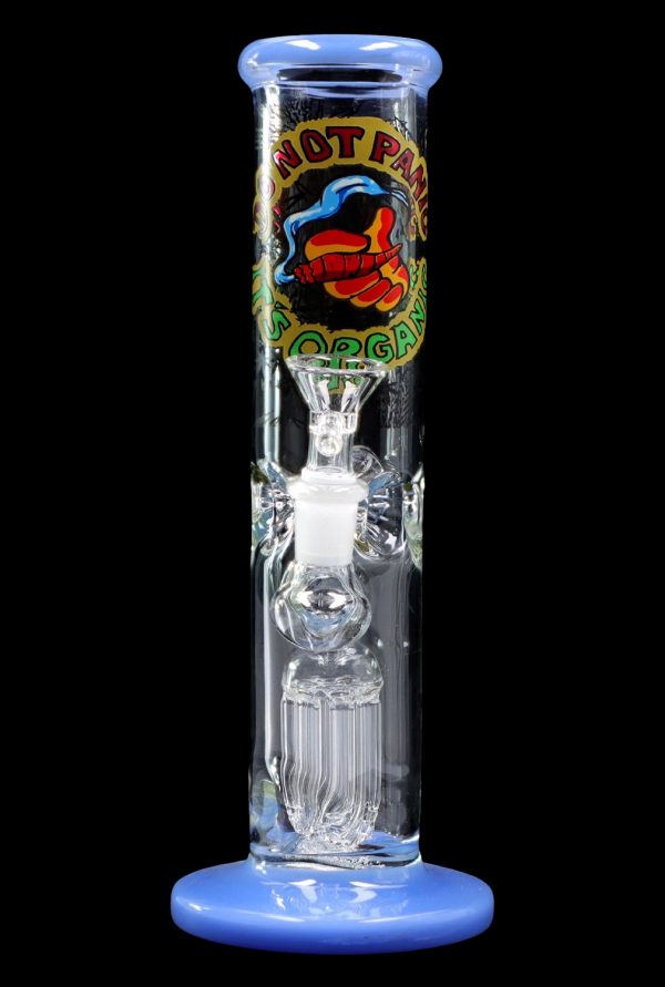 Blue glass water pipe (bong) with intricate percolators and a colorful logo.