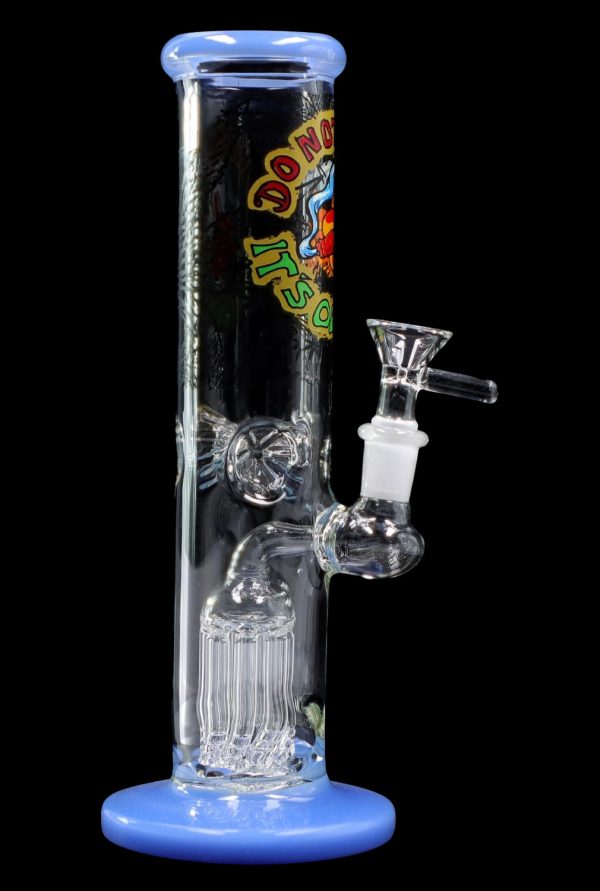 Blue glass water pipe with multiple diffusion chambers and a glass bowl.