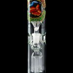 Mint green glass water pipe (bong) with percolators and a “Don’t Panic” branded decal.