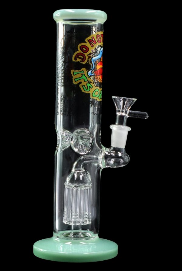 Green glass bong with percolator and graphic design.
