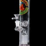 Pink glass water pipe (bong) with intricate bubblers and a “Panic Organic” logo.