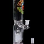 Pink glass water pipe with ice chamber and detachable downstem.
