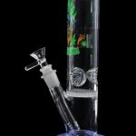 Blue glass bong with cannabis-themed graphics and a detachable bowl piece.