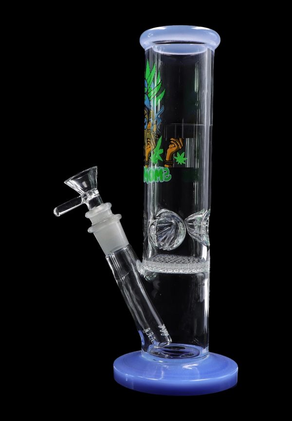 Blue glass bong with cannabis-themed graphics and a detachable bowl piece.