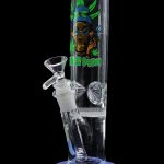 Blue glass water pipe with cartoon cannabis-themed artwork.