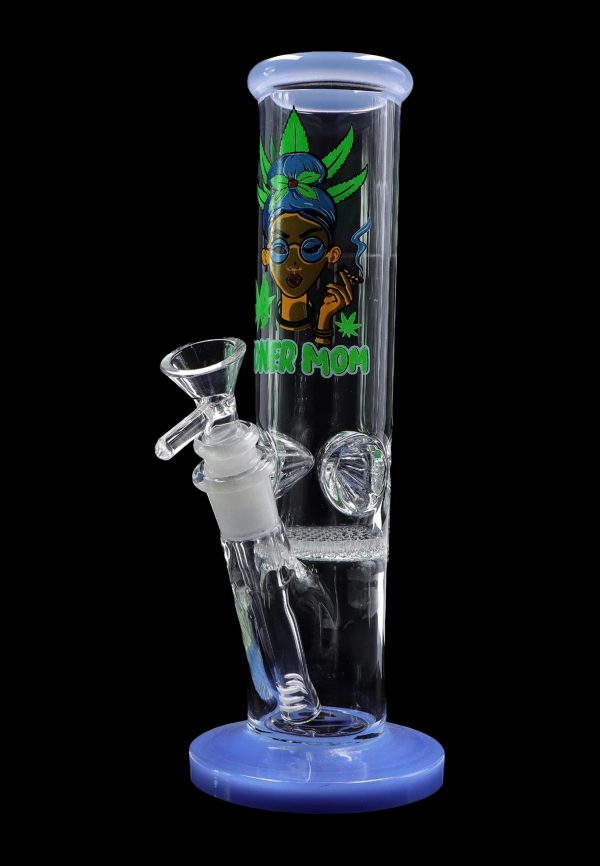 Blue glass water pipe with cartoon cannabis-themed artwork.