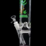 Glass bong with cannabis leaf graphics and percolators.