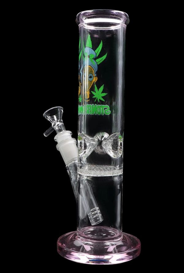 Glass bong with cannabis leaf graphics and percolators.