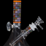 Glass water pipe (bong) with colorful geometric pattern, isolated on black.