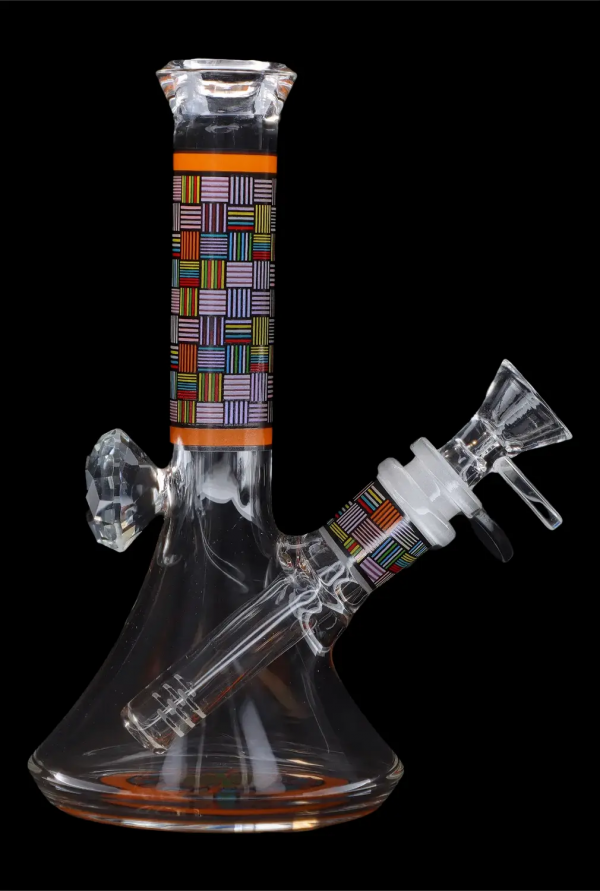 Glass water pipe (bong) with colorful geometric pattern, isolated on black.