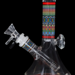 Glass water pipe with colorful patterned accents and a clear glass bowl.
