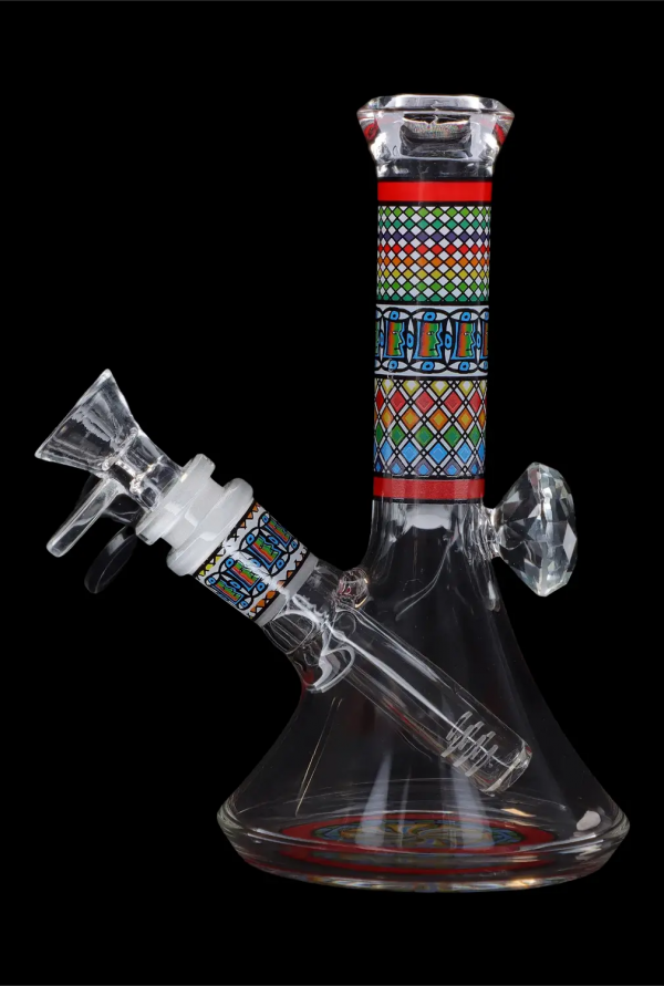 Glass water pipe with colorful patterned accents and a clear glass bowl.